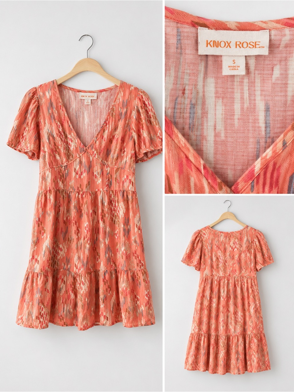 Knox Rose Coral Ikat V-Neck Tiered Mini Dress